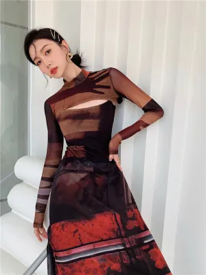 2 Piece Punk Mesh Turtleneck Long Sleeve Long Dress