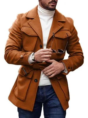 【24-hour shipping】Solid Color Multi-Pocket Lapel Lace-Up Woolen Coat