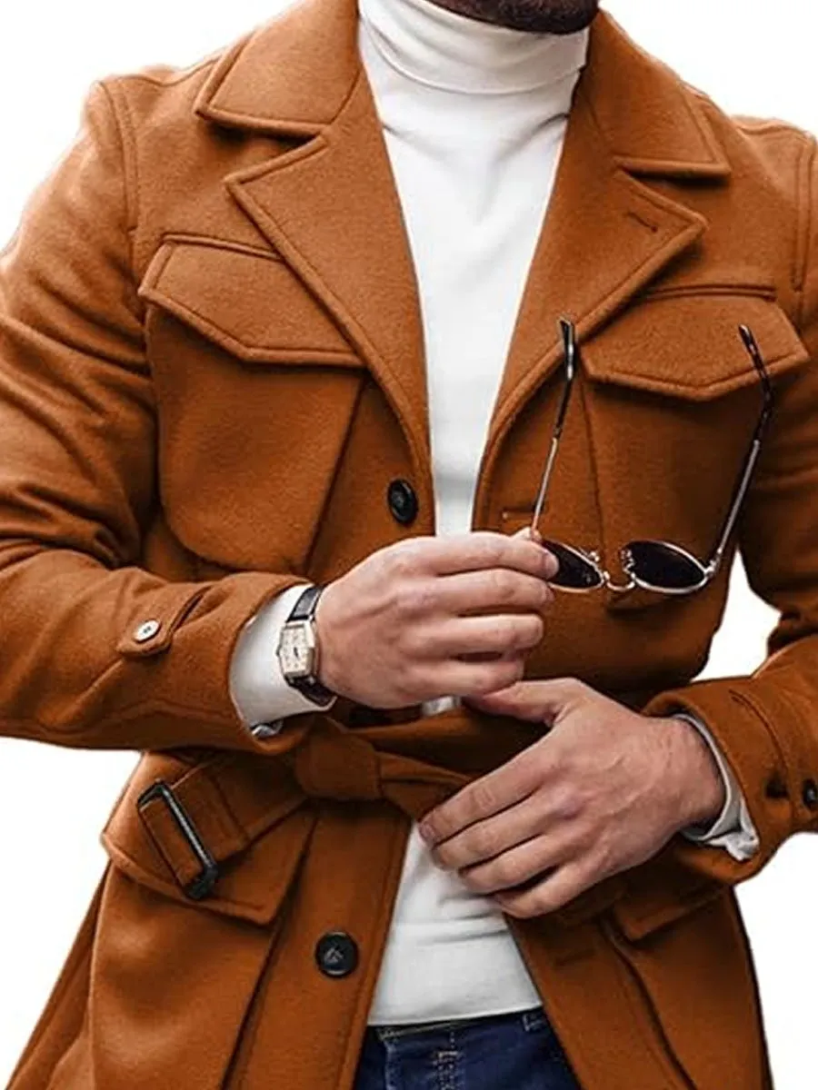 【24-hour shipping】Solid Color Multi-Pocket Lapel Lace-Up Woolen Coat