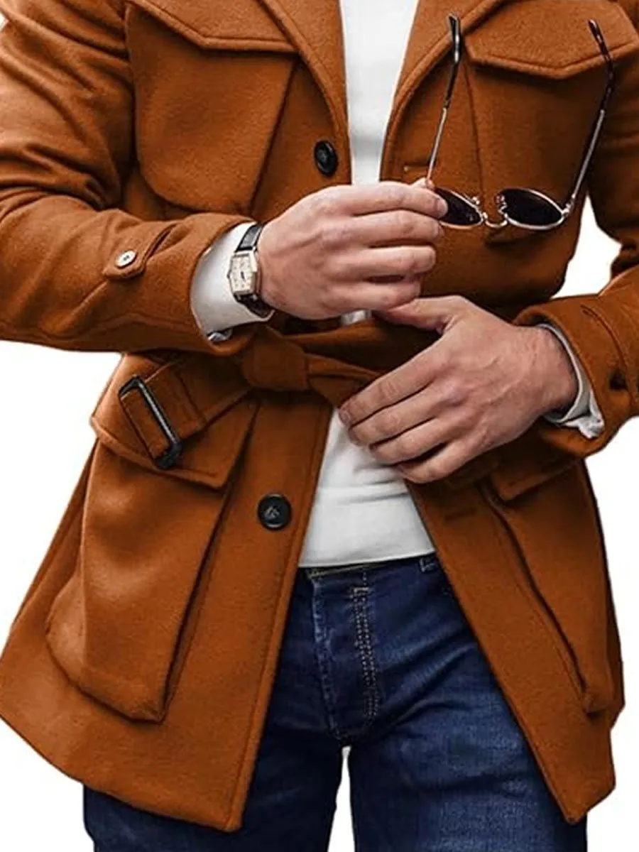 【24-hour shipping】Solid Color Multi-Pocket Lapel Lace-Up Woolen Coat