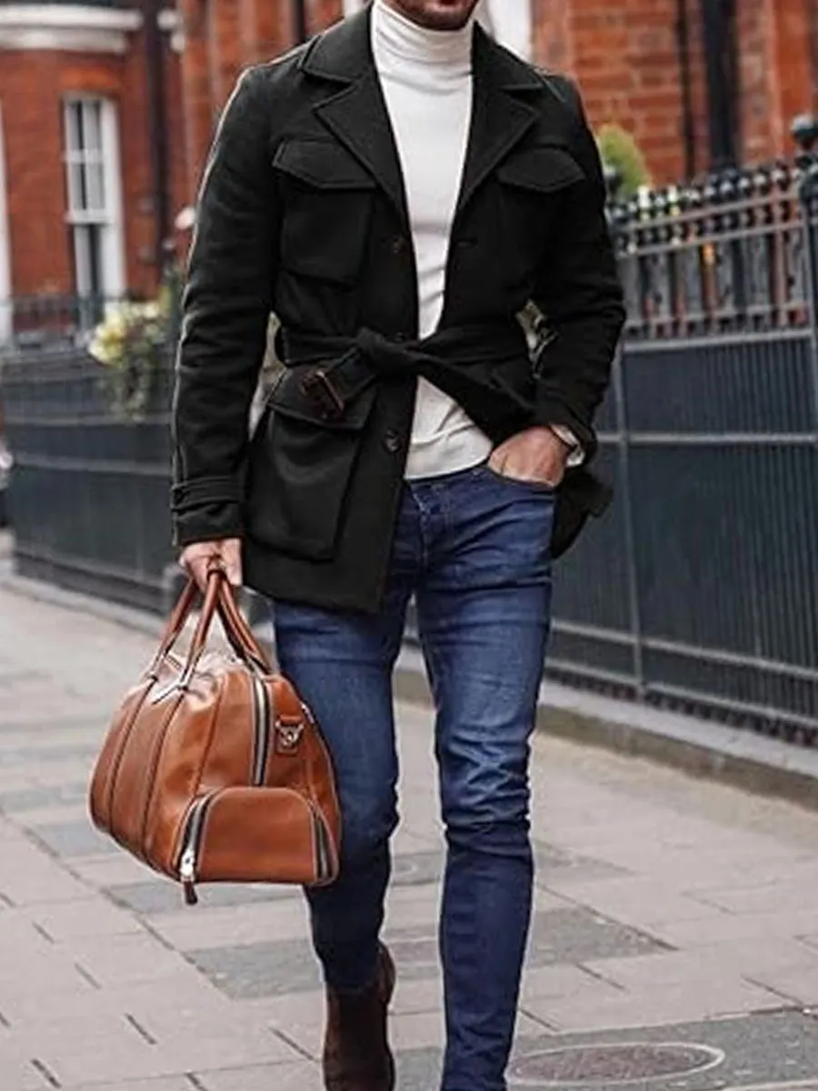 【24-hour shipping】Solid Color Multi-Pocket Lapel Lace-Up Woolen Coat