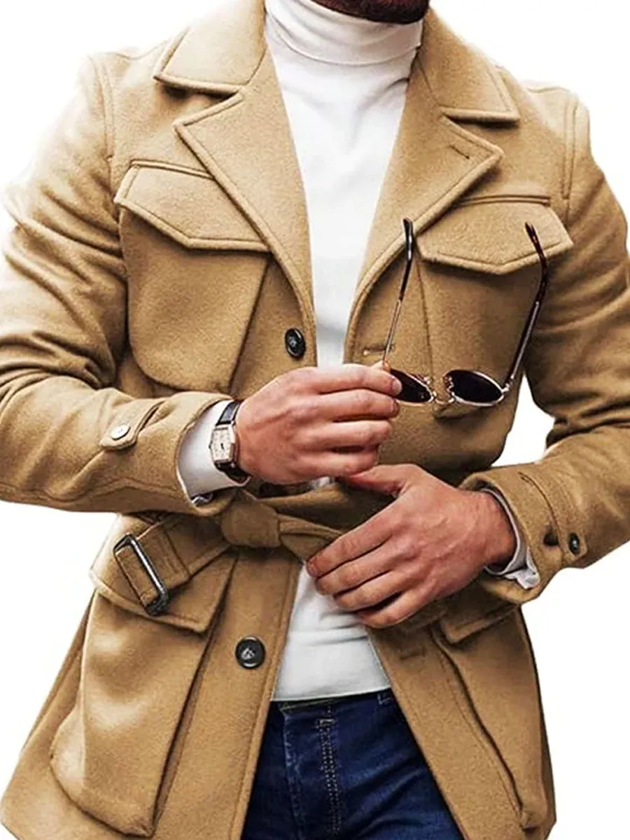 【24-hour shipping】Solid Color Multi-Pocket Lapel Lace-Up Woolen Coat