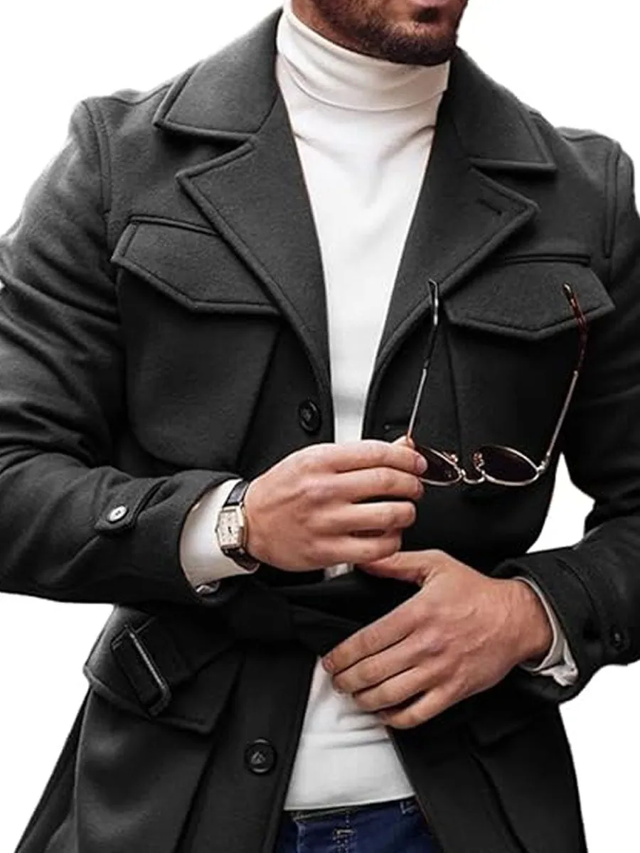 【24-hour shipping】Solid Color Multi-Pocket Lapel Lace-Up Woolen Coat