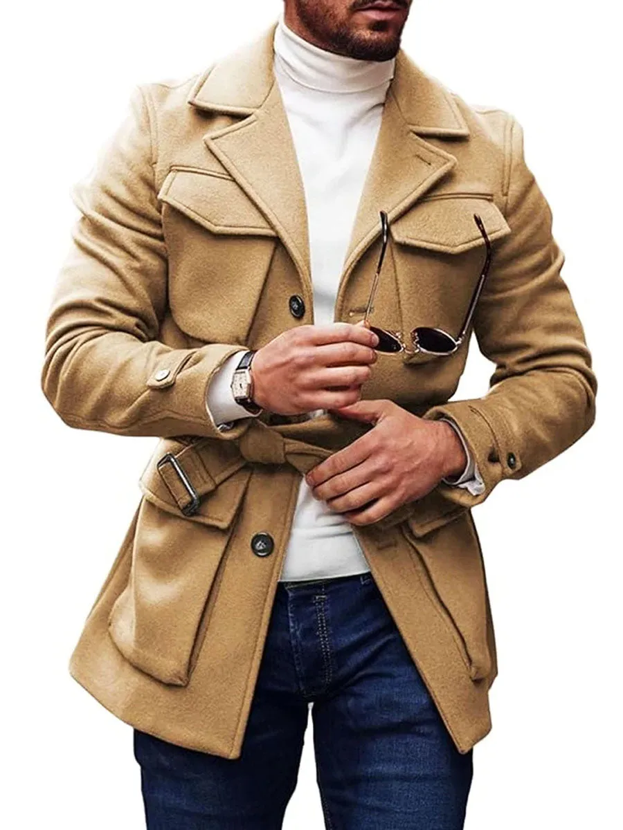 【24-hour shipping】Solid Color Multi-Pocket Lapel Lace-Up Woolen Coat