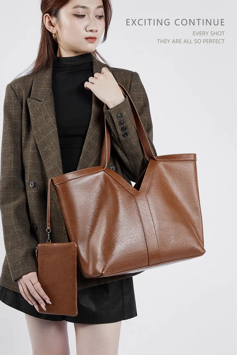 31CM brown genuine leather armpit large capacity tote handbag 2870