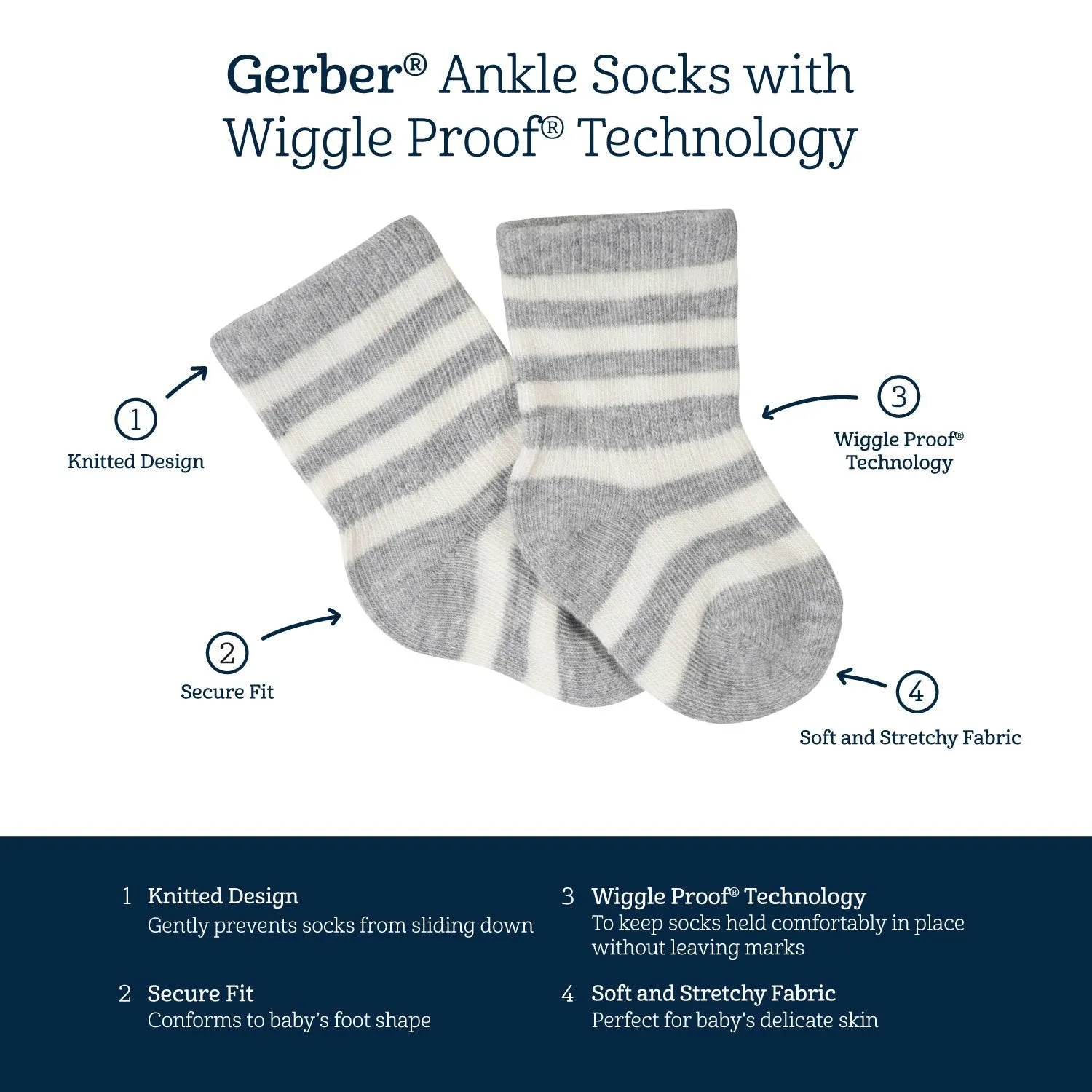 8-Pack Baby & Toddler Navy Wiggle Proof® Jersey Crew Socks