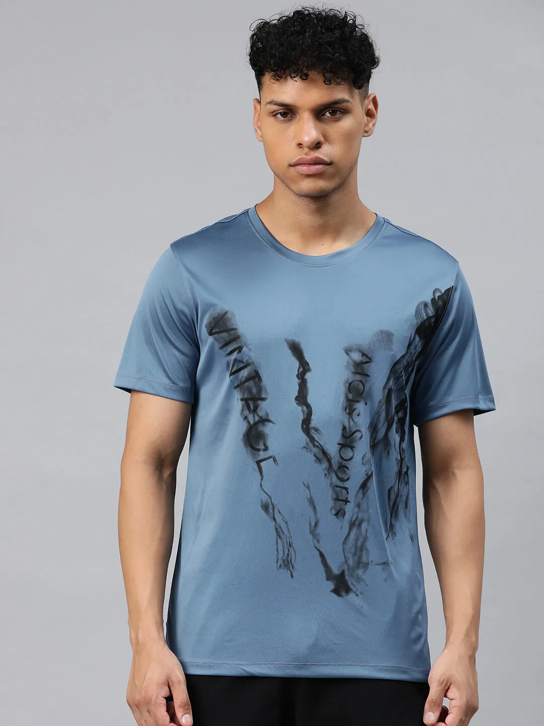 Alcis Men Blue Typography Printed Dry Tech Slim Fit T-shirt