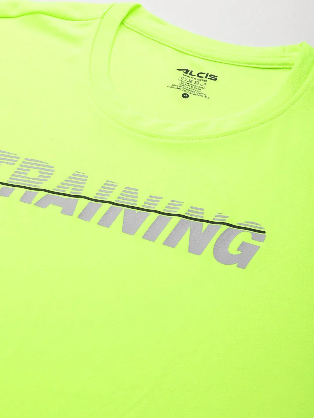 Alcis Men Fluorescent Green Typography Printed Anti Static Slim Fit Sports T-shirt