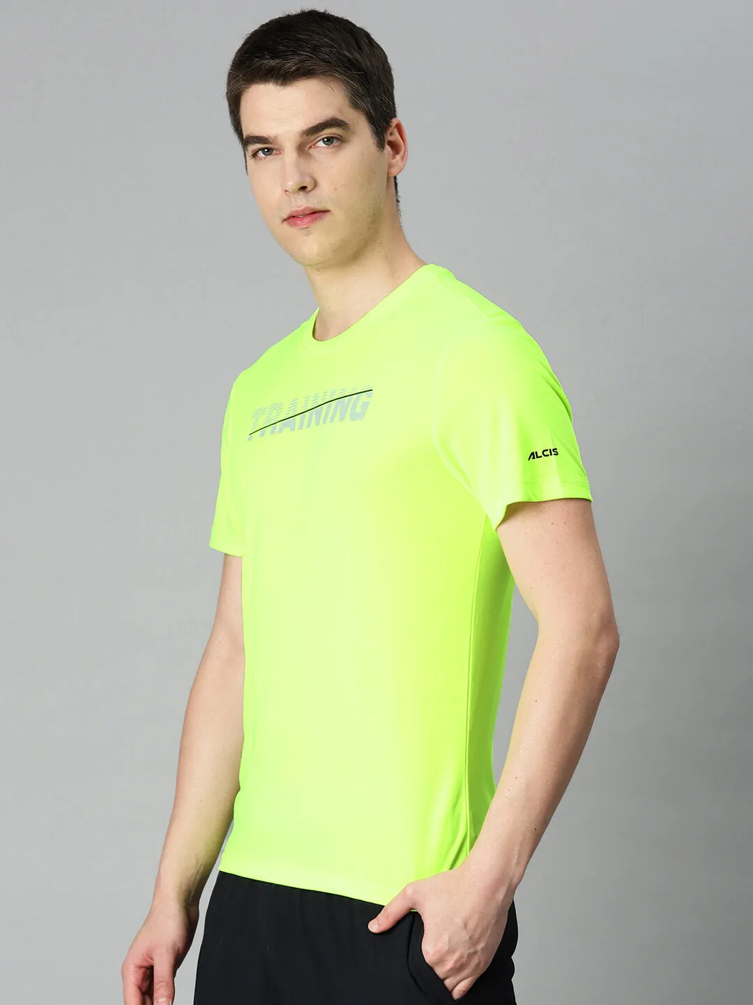 Alcis Men Fluorescent Green Typography Printed Anti Static Slim Fit Sports T-shirt
