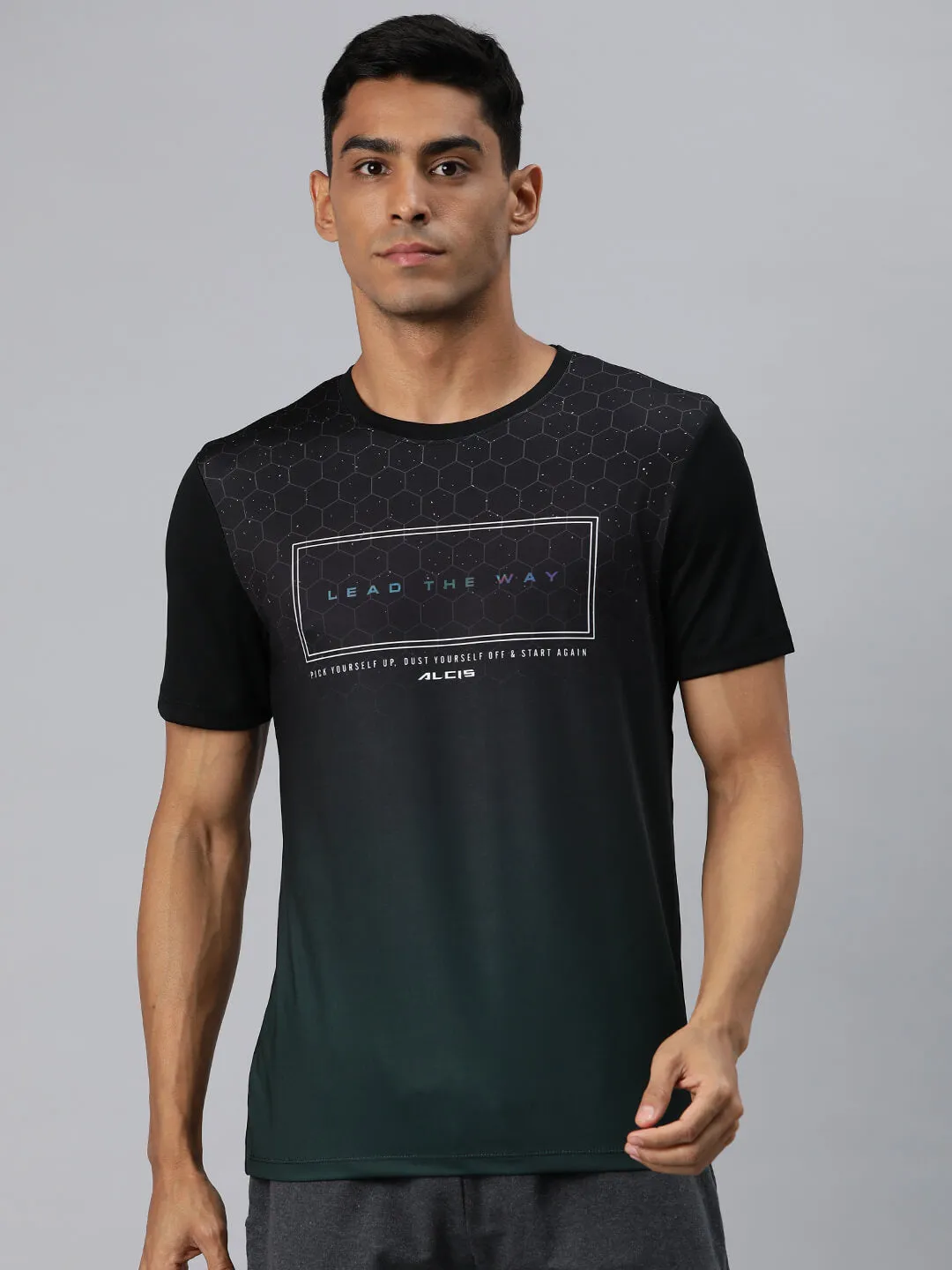 Alcis Men Green Typography Printed Anti Static Slim Fit T-shirt