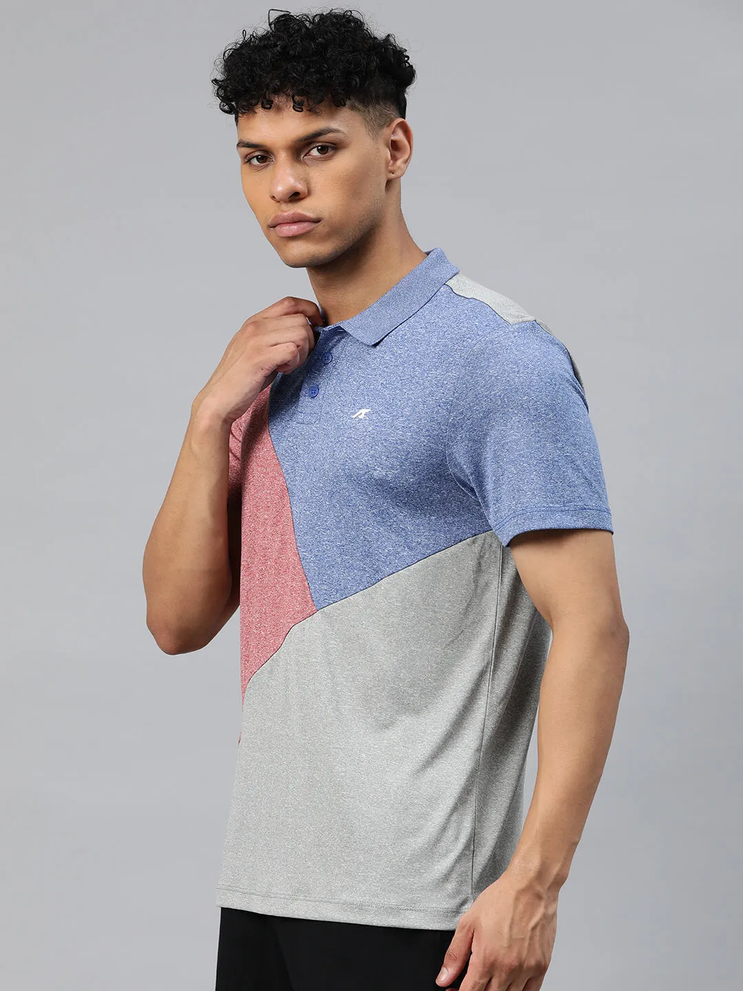 Alcis Men Grey Pink Colourblocked Polo Collar Anti Static Slim Fit T-shirt