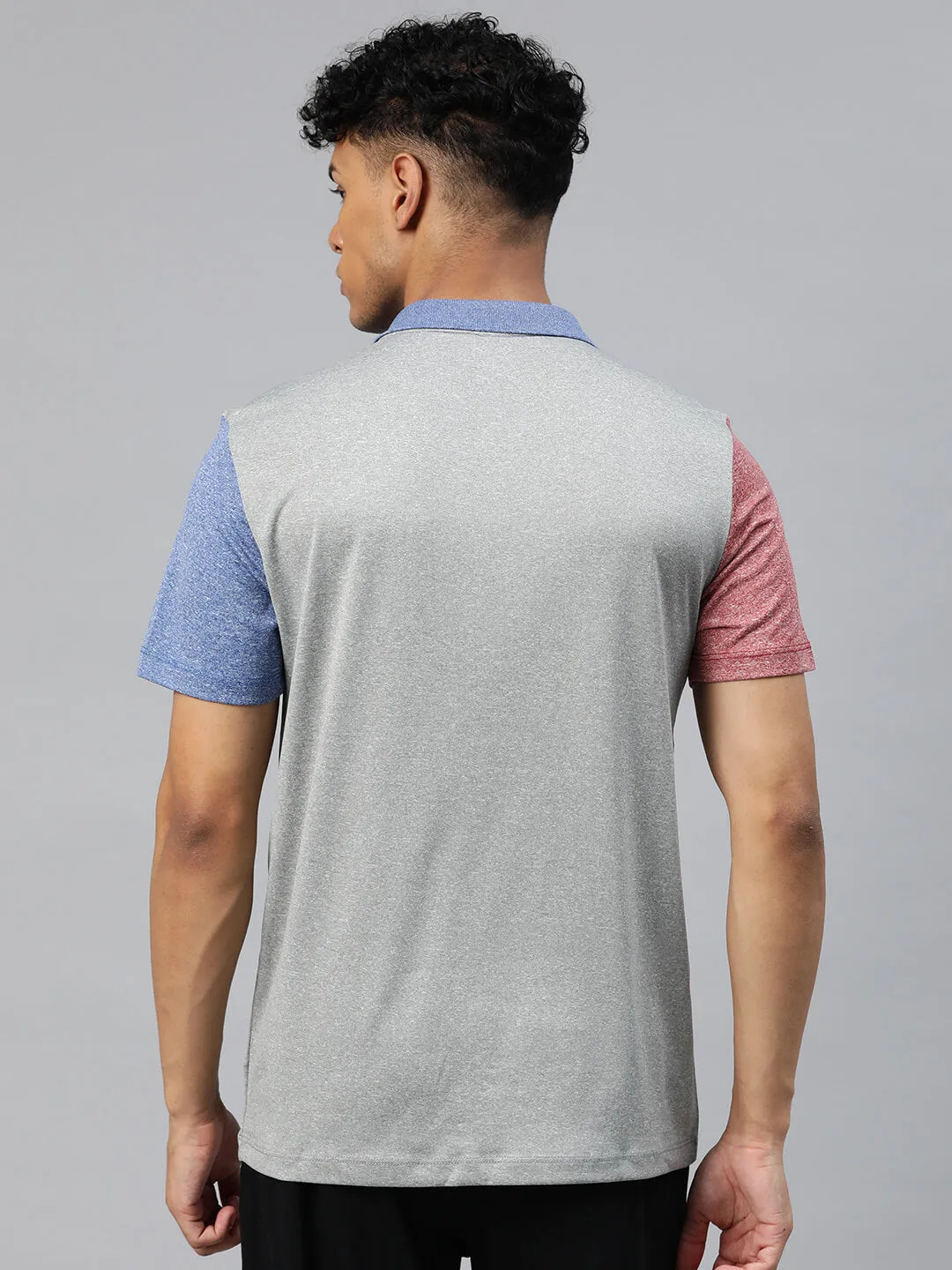 Alcis Men Grey Pink Colourblocked Polo Collar Anti Static Slim Fit T-shirt