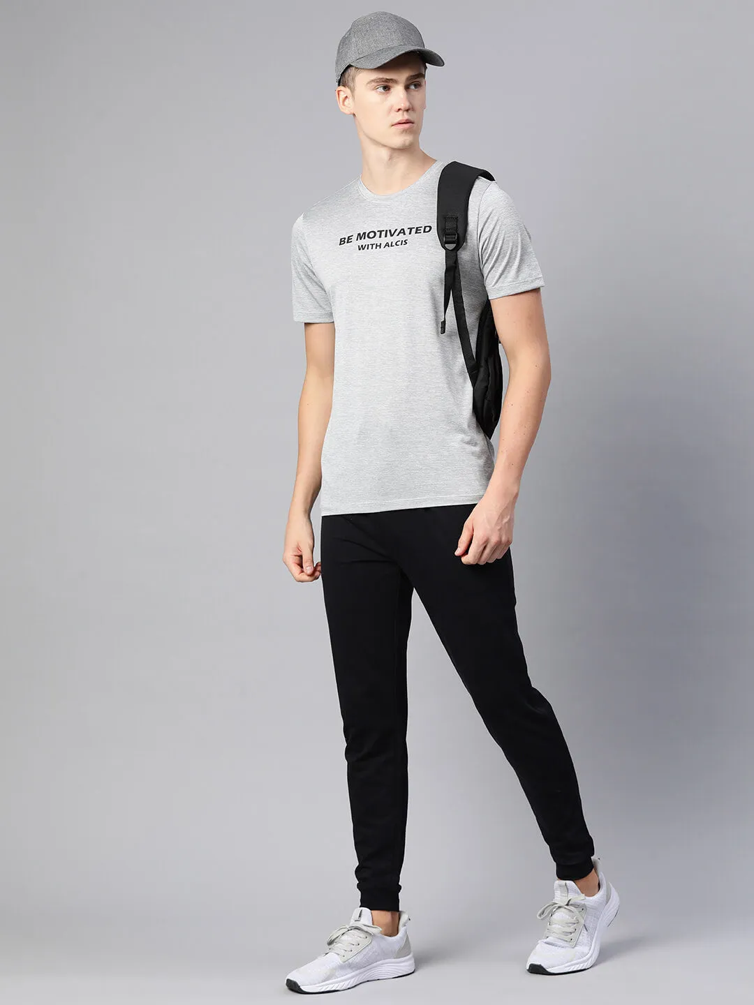 Alcis Men Grey Typography Printed Dry Tech Slim Fit T-shirt