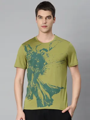 Alcis Men Olive Green Printed Anti Static Slim Fit Sports T-shirt
