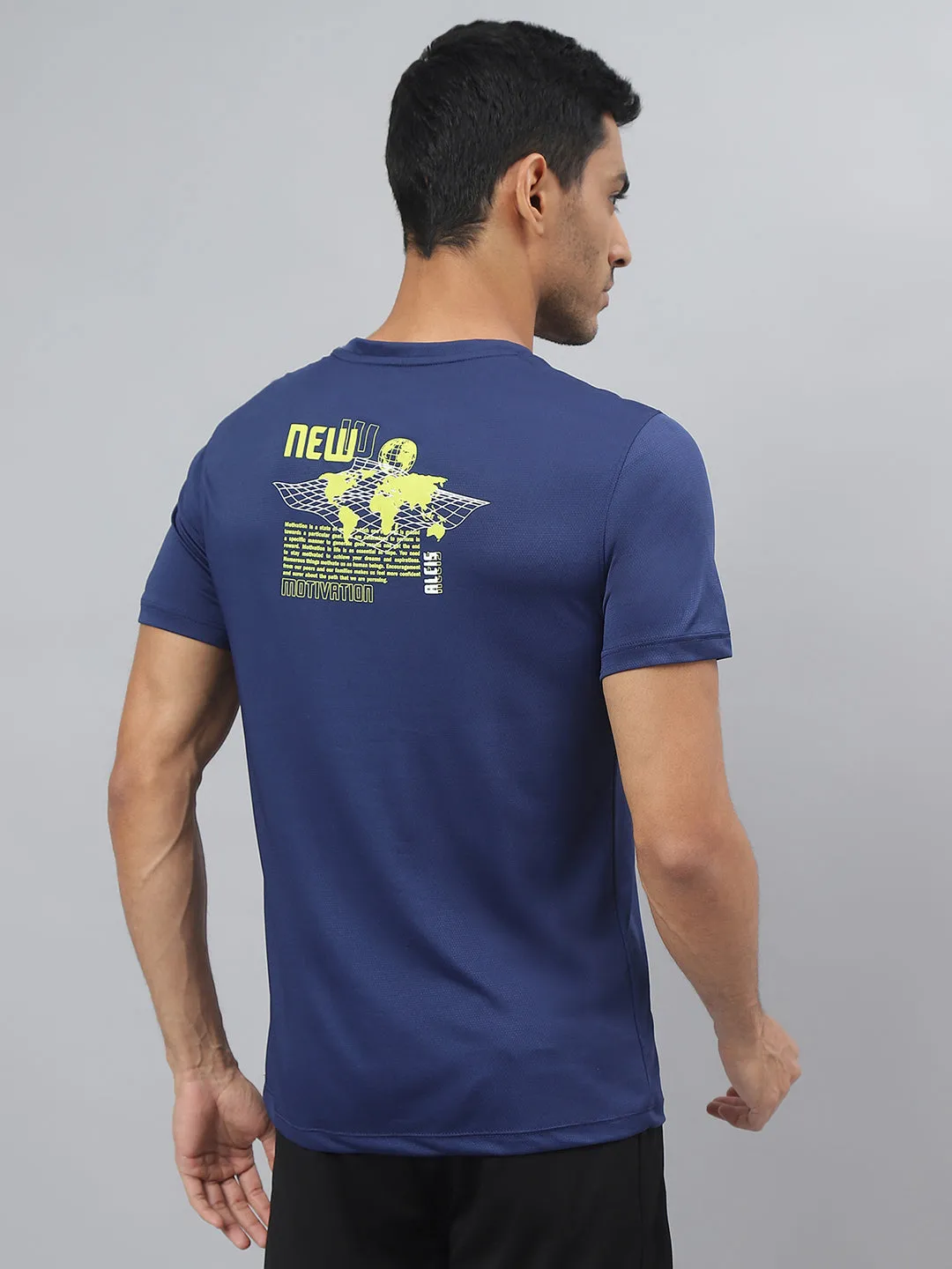 Alcis Men Printed Navy Anti-Static Slim-Fit Round Neck Training T-Shirt