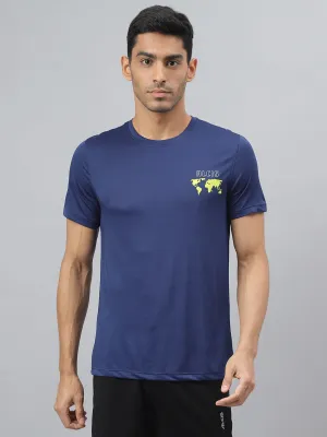 Alcis Men Printed Navy Anti-Static Slim-Fit Round Neck Training T-Shirt