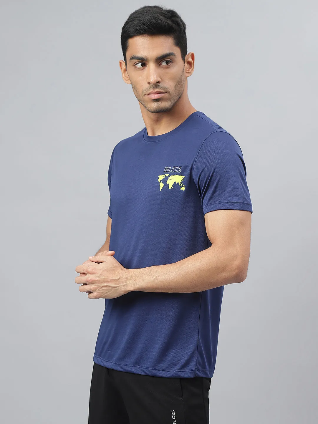 Alcis Men Printed Navy Anti-Static Slim-Fit Round Neck Training T-Shirt