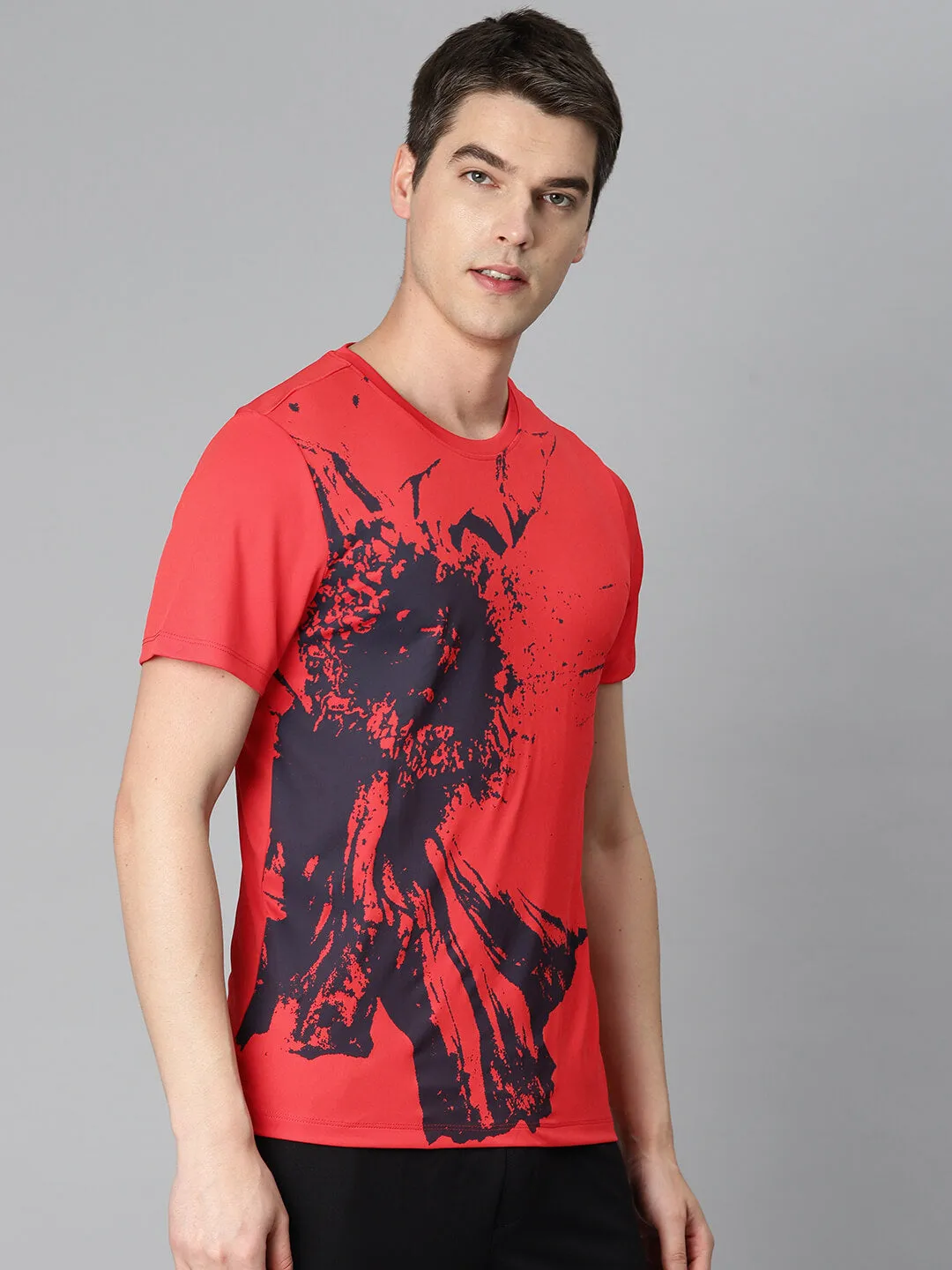 Alcis Men Red Printed Anti Static Slim Fit Sports T-shirt