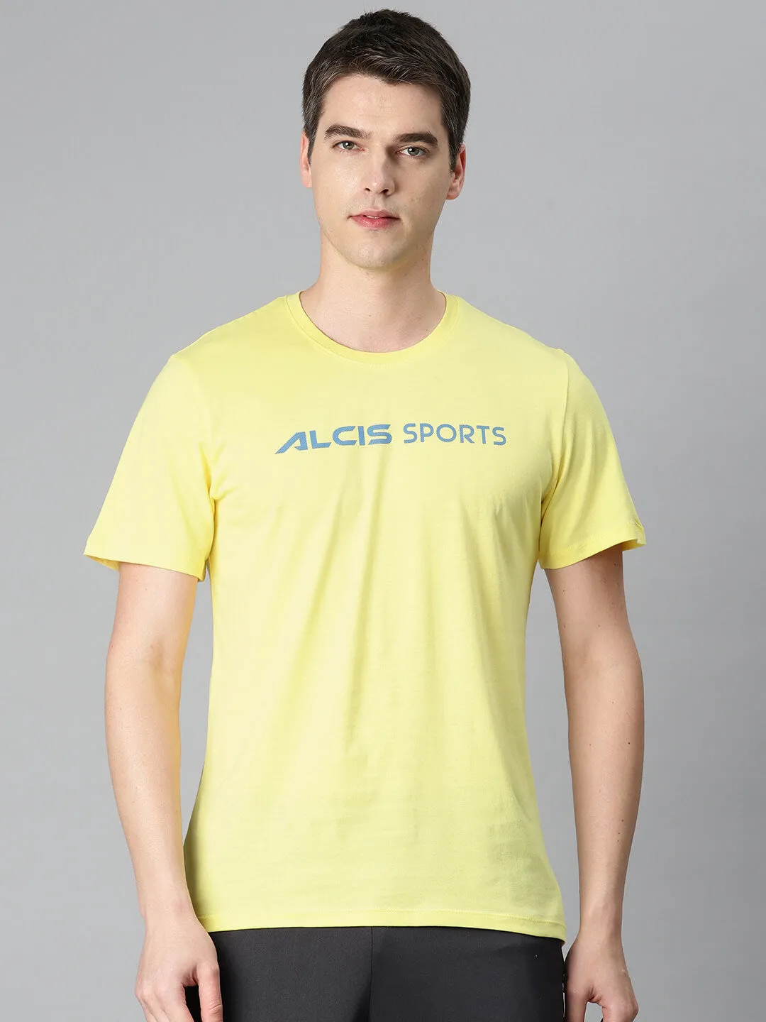 Alcis Men Yellow Typography Printed Anti Static Slim Fit Sports T-shirt