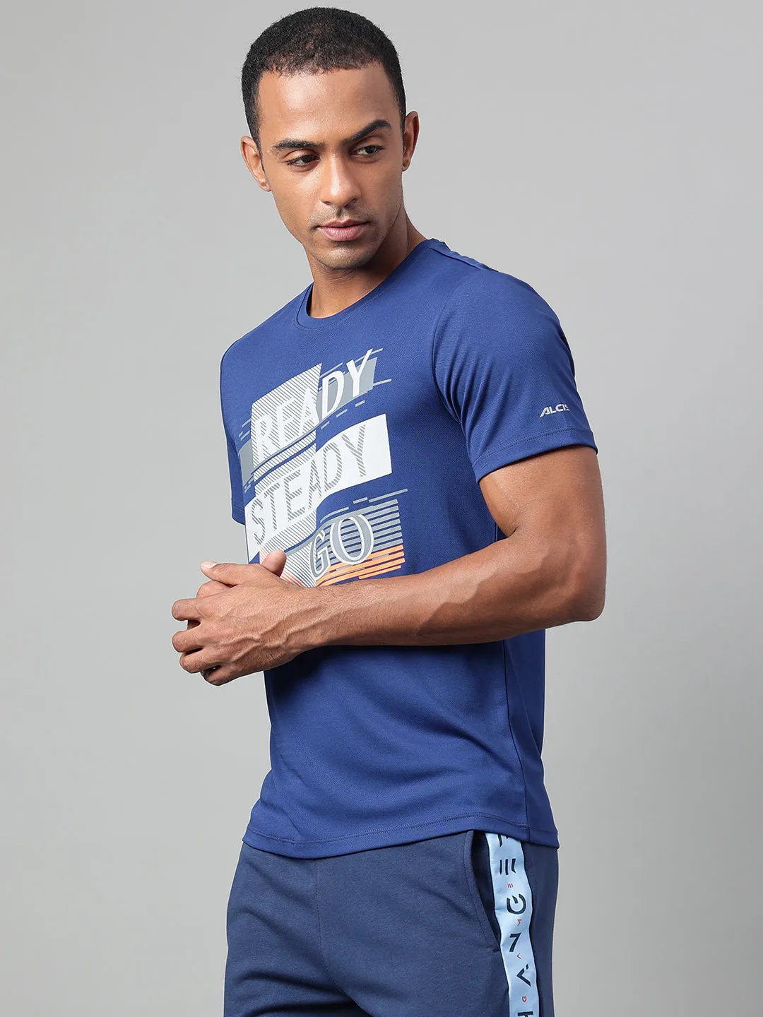 Alcis Men's Printed Navy Anti-Static Drytech  Slim-Fit Training Tee