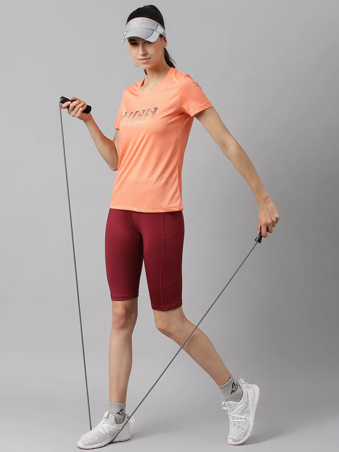 Alcis Women Printed Salmon Anti-Static Slim-Fit Round Neck Training T-Shirt