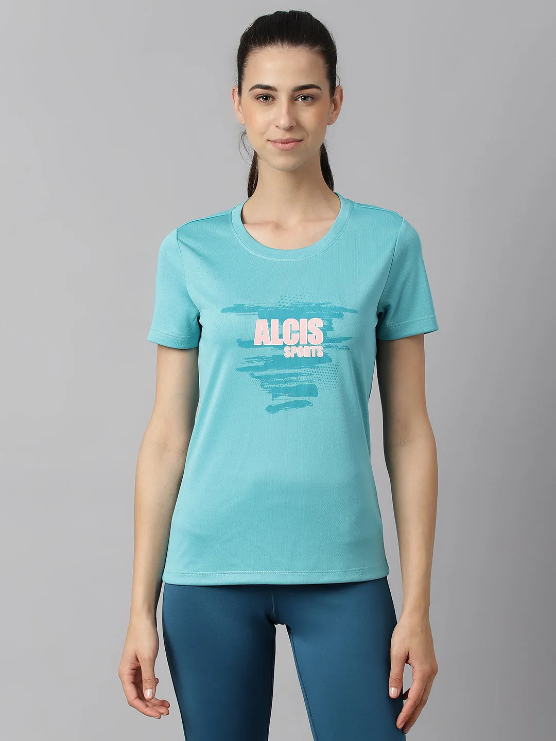 Alcis Women Printed Sea Green Anti-Static Slim-Fit Round Neck Training T-Shirt