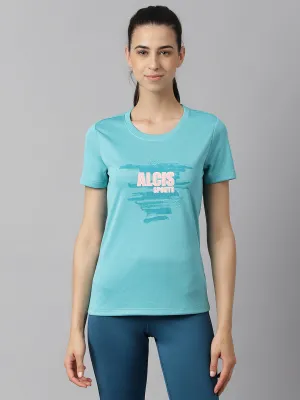 Alcis Women Printed Sea Green Anti-Static Slim-Fit Round Neck Training T-Shirt