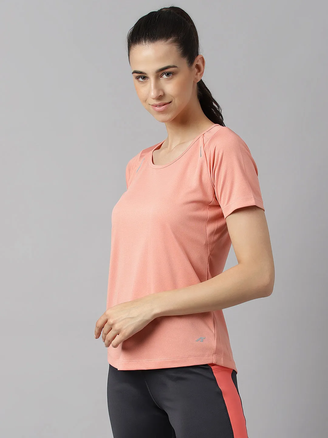 Alcis Women Rosette Anti-Static Slim-Fit Round Neck Sustainable Pro-Run Training T-Shirt