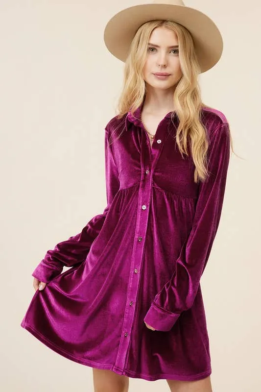 Amethyst Velvet Button Up Dress