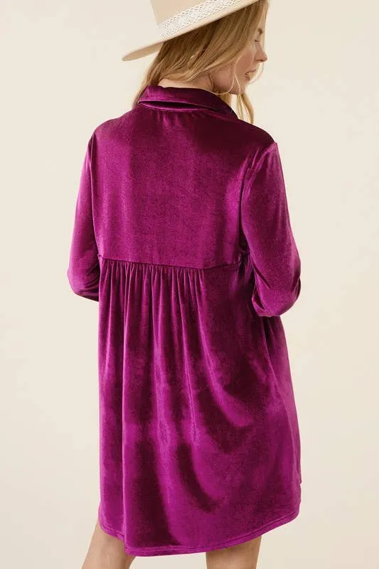 Amethyst Velvet Button Up Dress