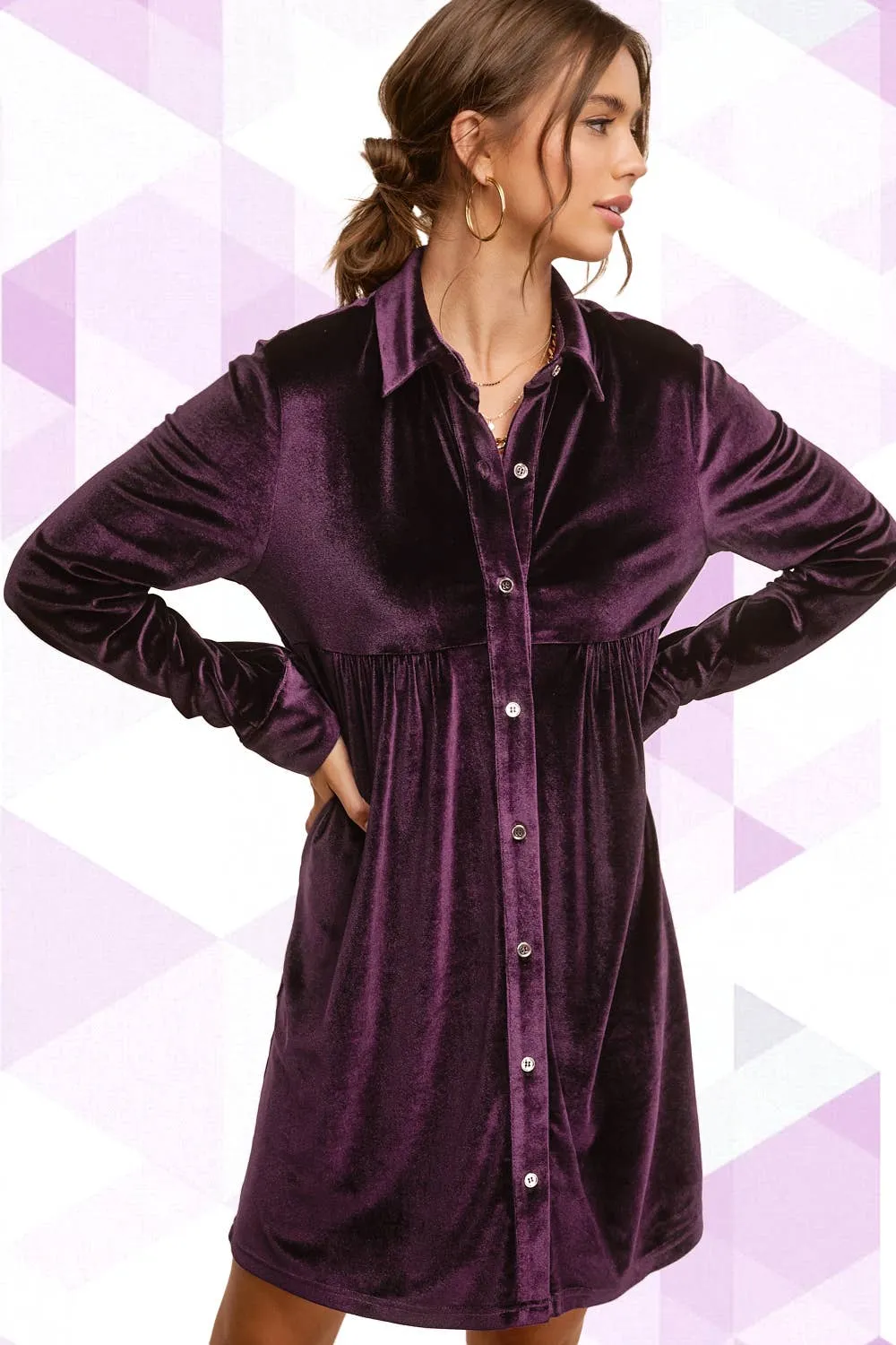 Amethyst Velvet Button Up Dress