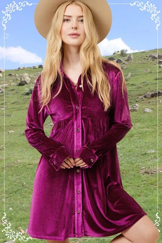 Amethyst Velvet Button Up Dress
