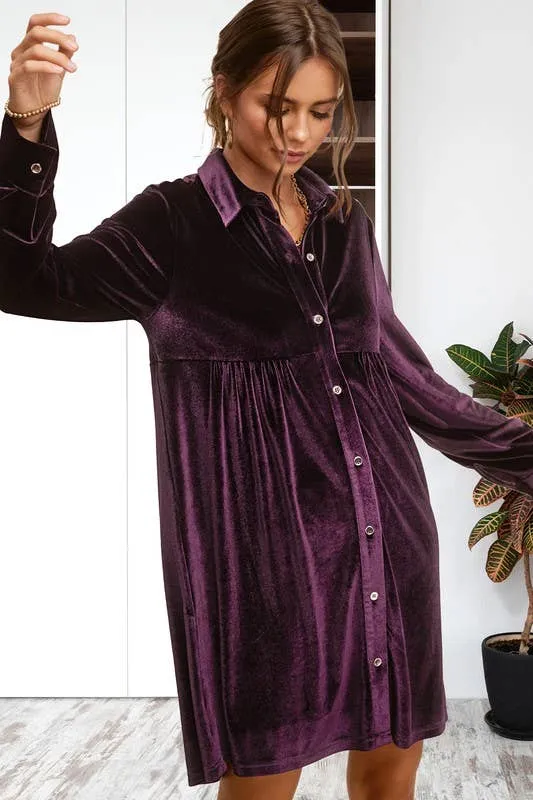Amethyst Velvet Button Up Dress