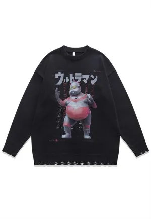 Anime sweater Korean knit distressed Manga jumper black