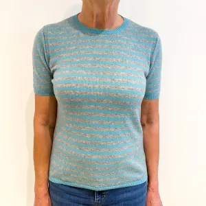 Aqua Grey Stripe Cashmere Short Sleeve Crew Neck Jumper Medium