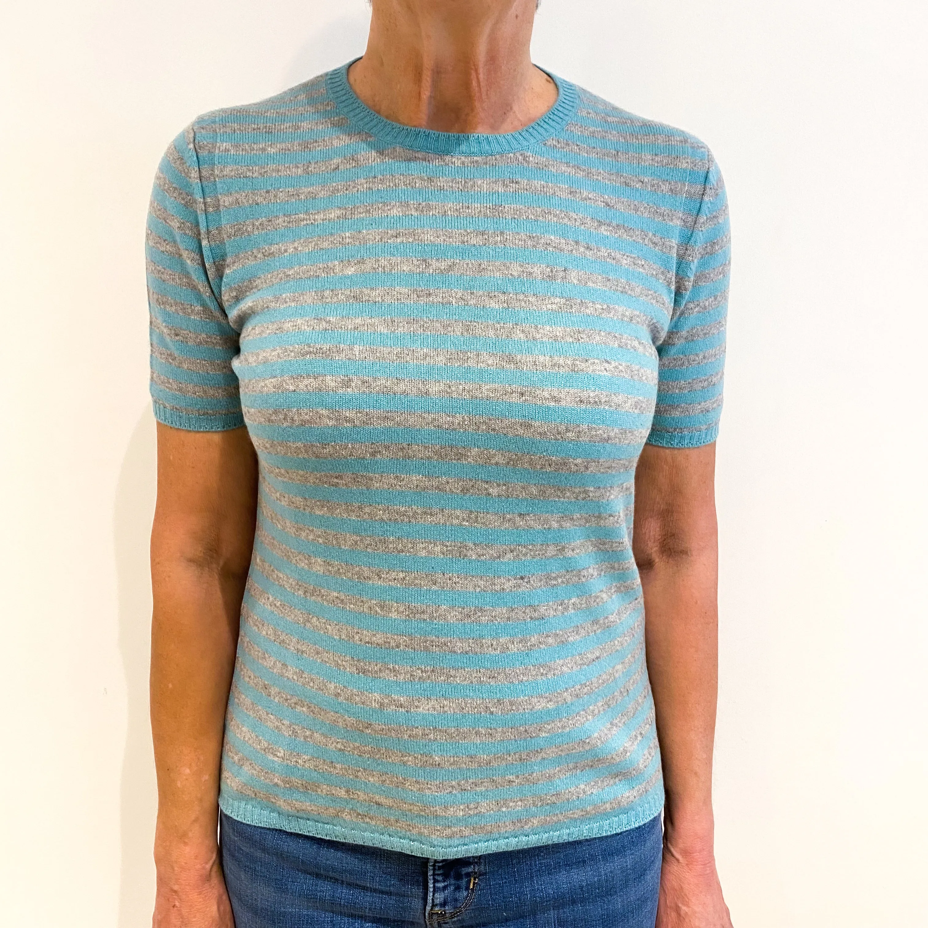 Aqua Grey Stripe Cashmere Short Sleeve Crew Neck Jumper Medium
