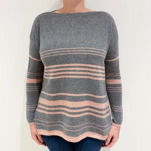 Ash Grey Pink Stripe Cashmere Boat Neck Jumper Large