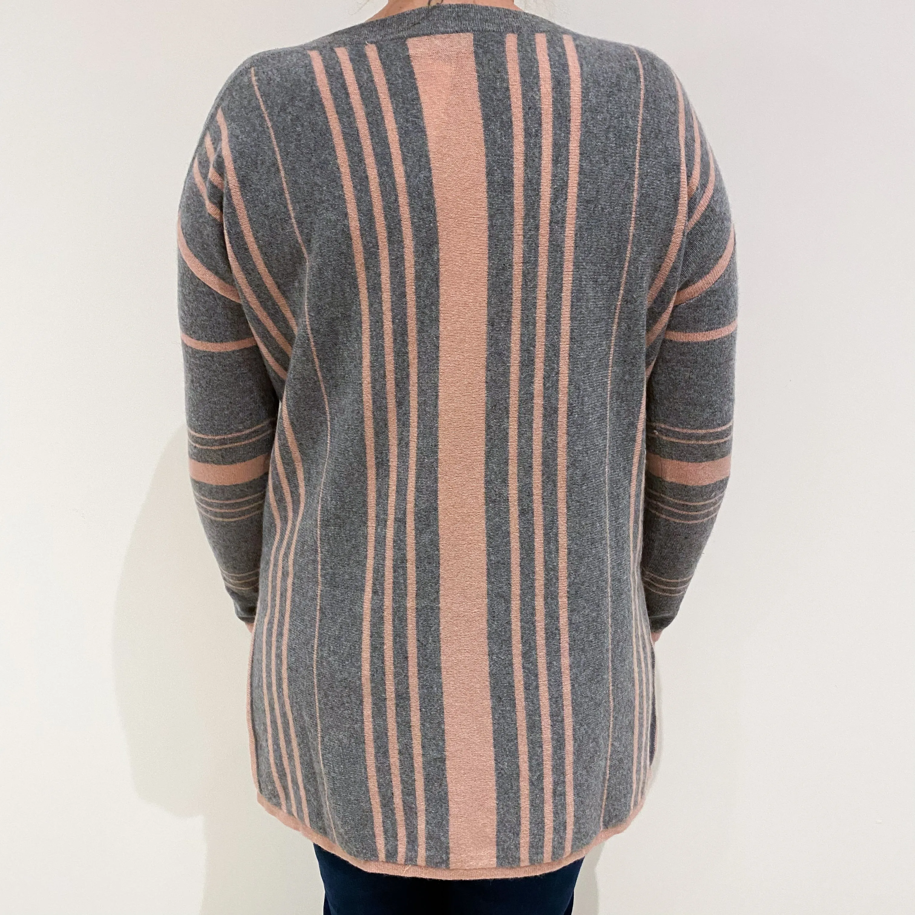 Ash Grey Pink Stripe Cashmere Boat Neck Jumper Large