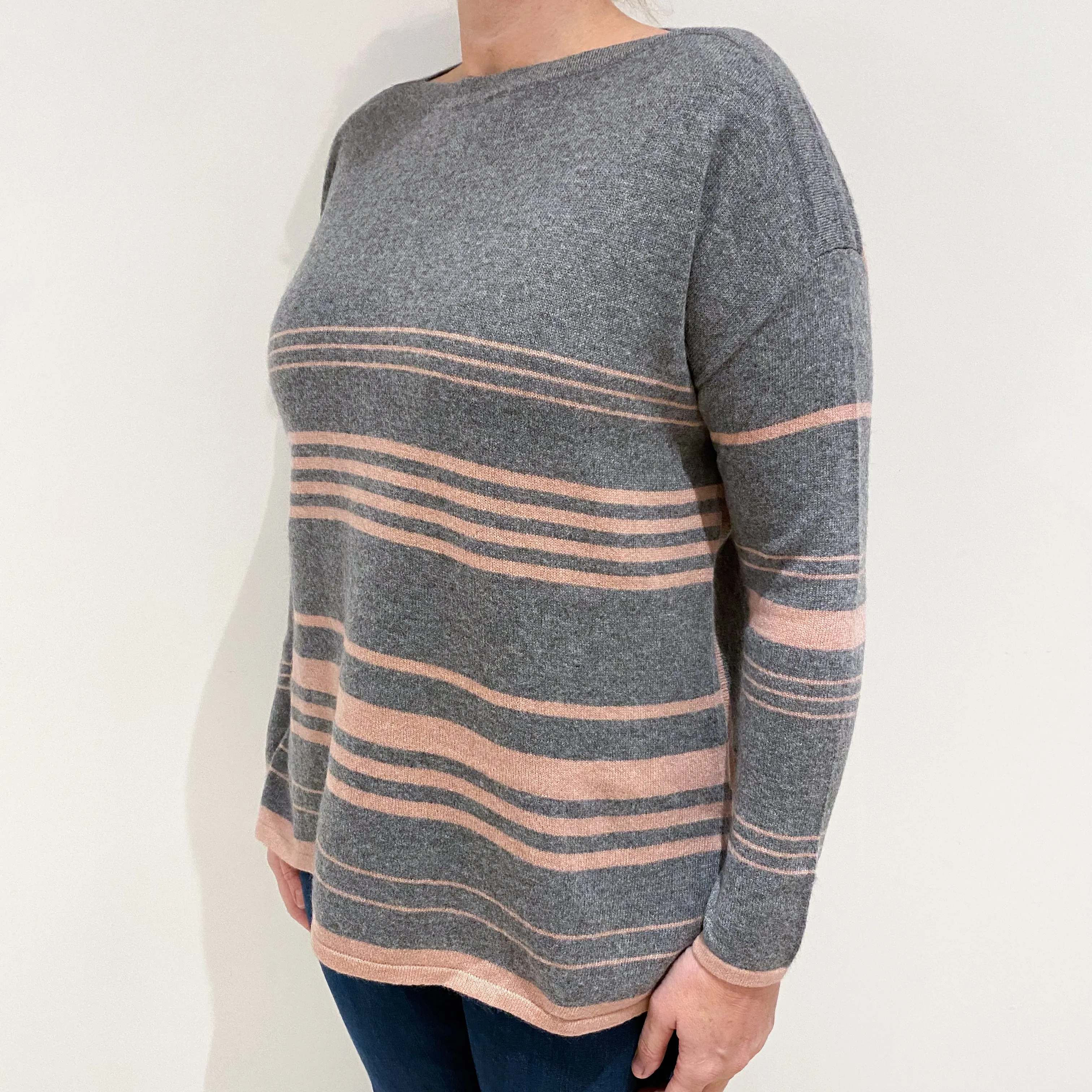 Ash Grey Pink Stripe Cashmere Boat Neck Jumper Large