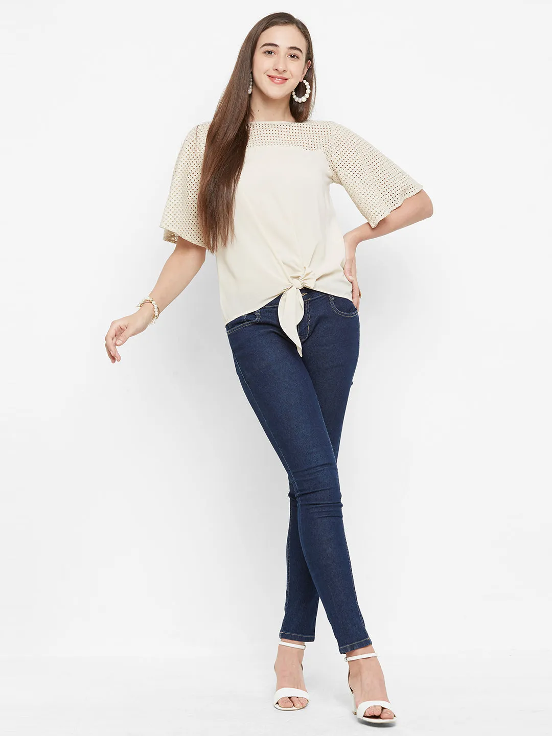 Beige Embroidered Sleeves Top