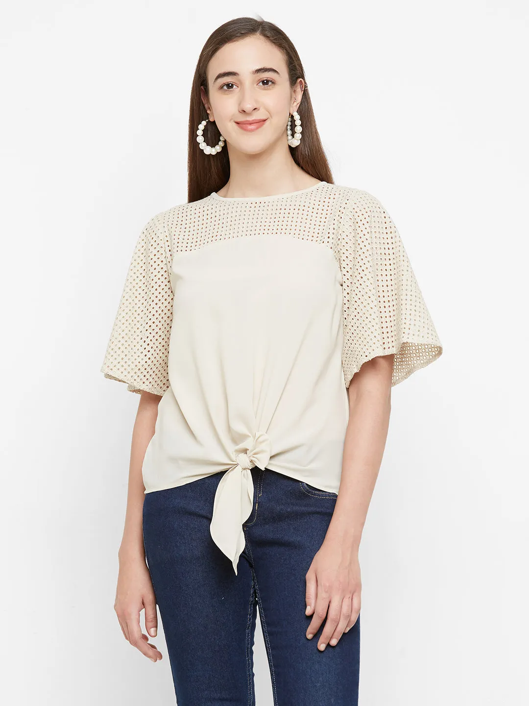 Beige Embroidered Sleeves Top