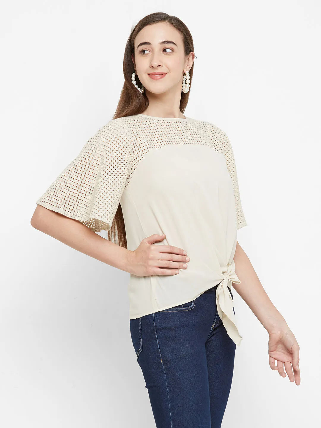 Beige Embroidered Sleeves Top