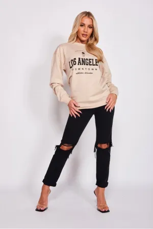 Beige Los Angeles Slogan Oversized Sweatshirt