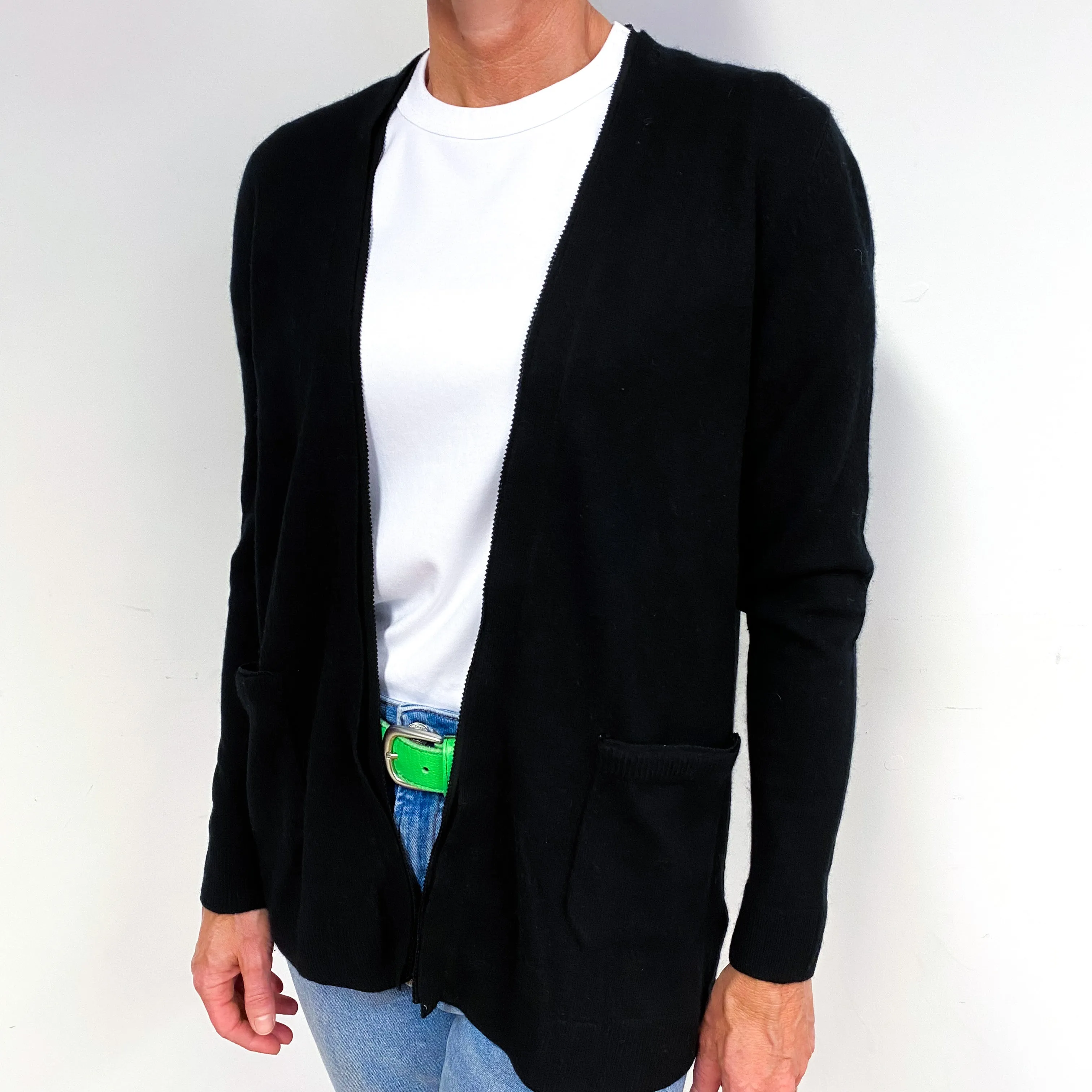 Black Cashmere Edge To Edge Cardigan with Pockets Medium