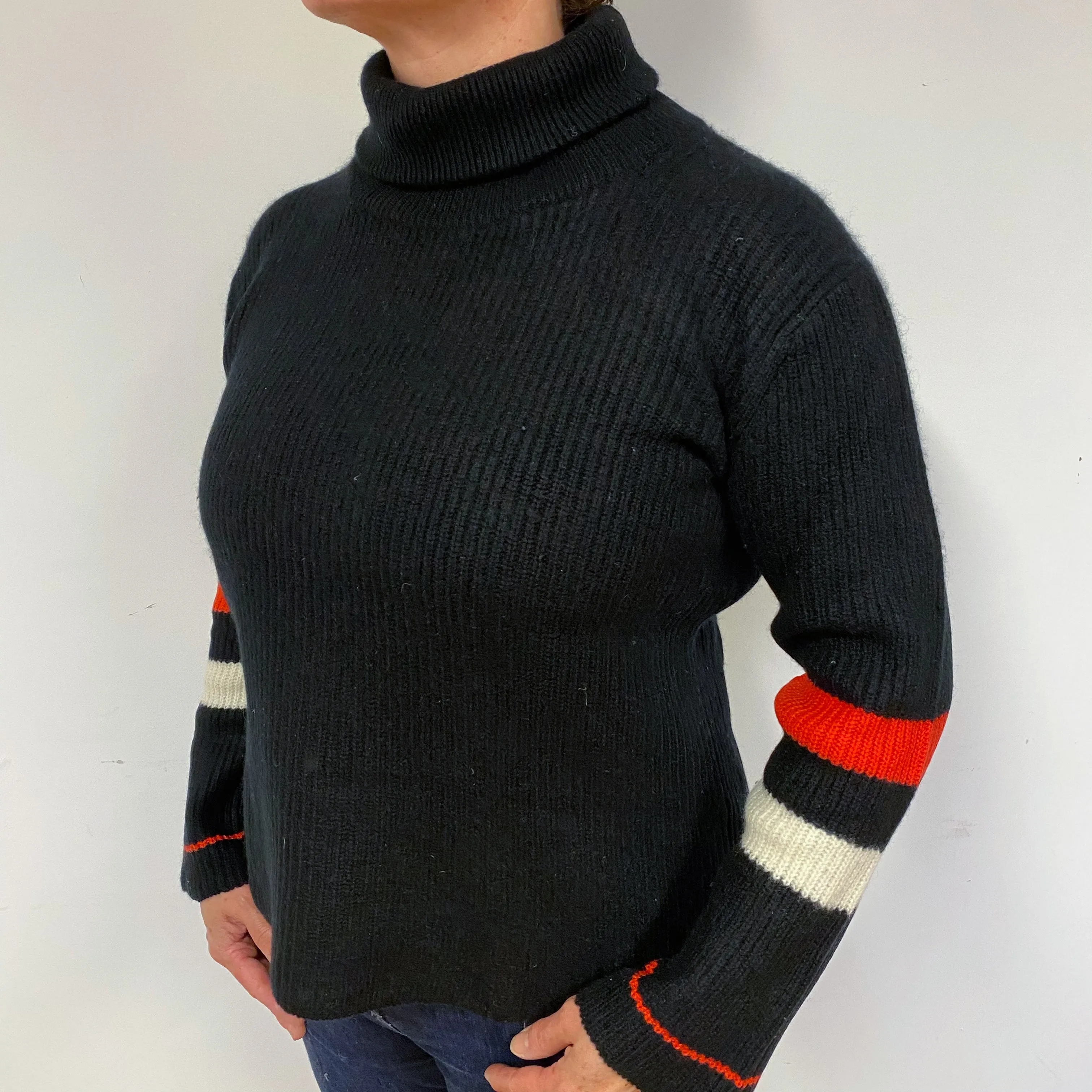 Black Chunky Ribbed Cashmere Polo Neck Jumper Large