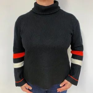 Black Chunky Ribbed Cashmere Polo Neck Jumper Large