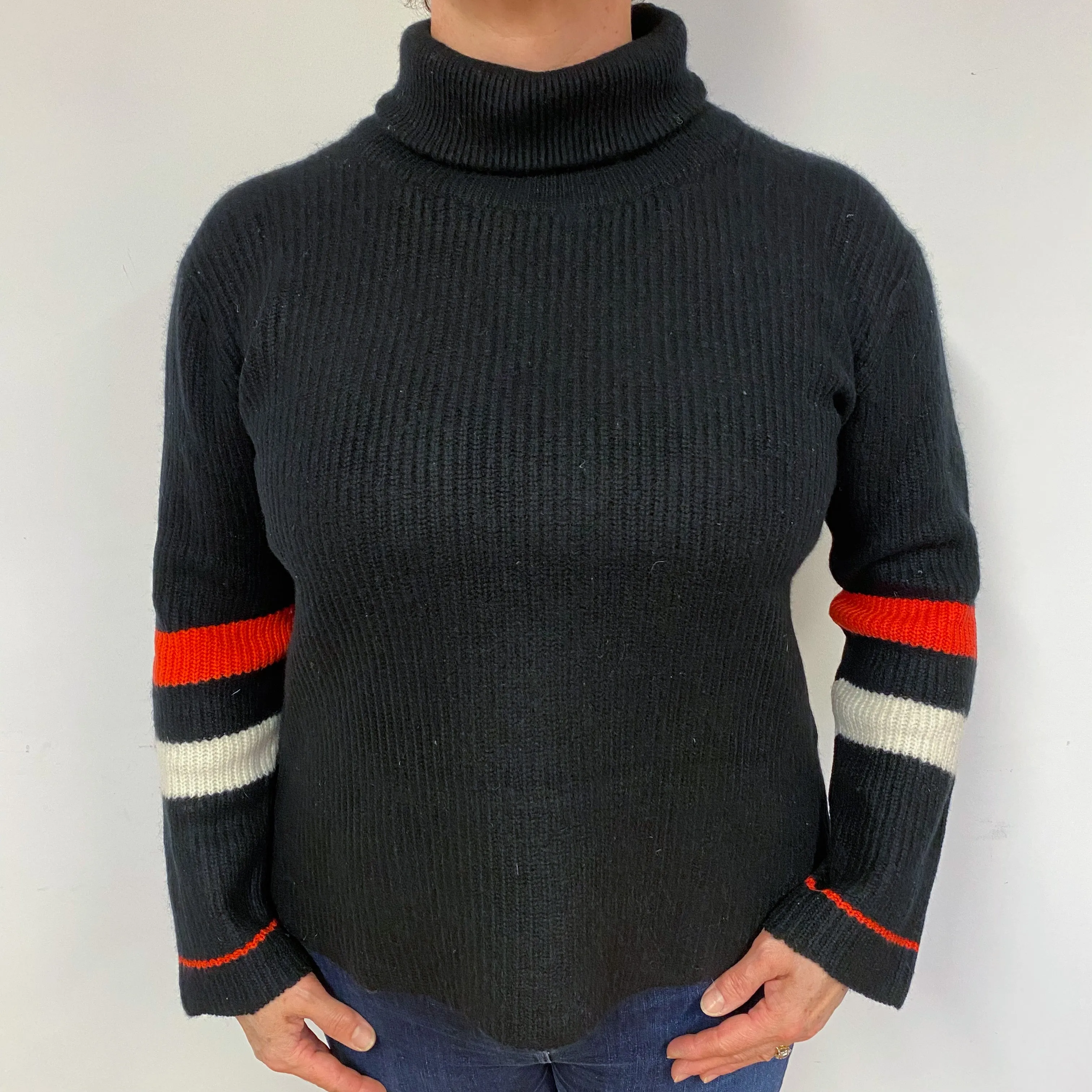 Black Chunky Ribbed Cashmere Polo Neck Jumper Large