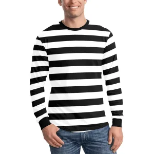 Black White Men Long Sleeve Striped TShirt, Graphic Vintage Retro Stripes Crewneck Unisex Women Designer Tee