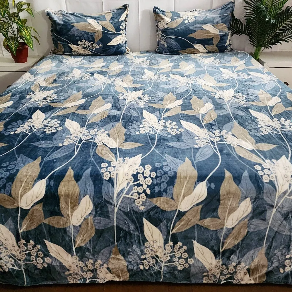 Blue and Beige Floral Print Bedsheet