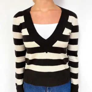 Brown Cream Stripe Cashmere Low V-Neck Jumper Small